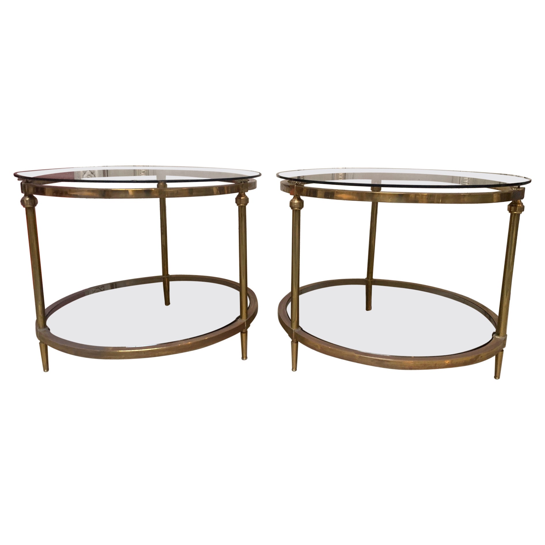 Pair of French Louis XVI Style Round Brass and Glass End Tables