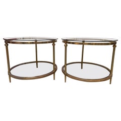 Pair of French Louis XVI Style Round Brass and Glass End Tables