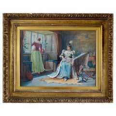 James Shaw Crompton « Sewing Scene » Hand-Painted Watercolor XIXth Century