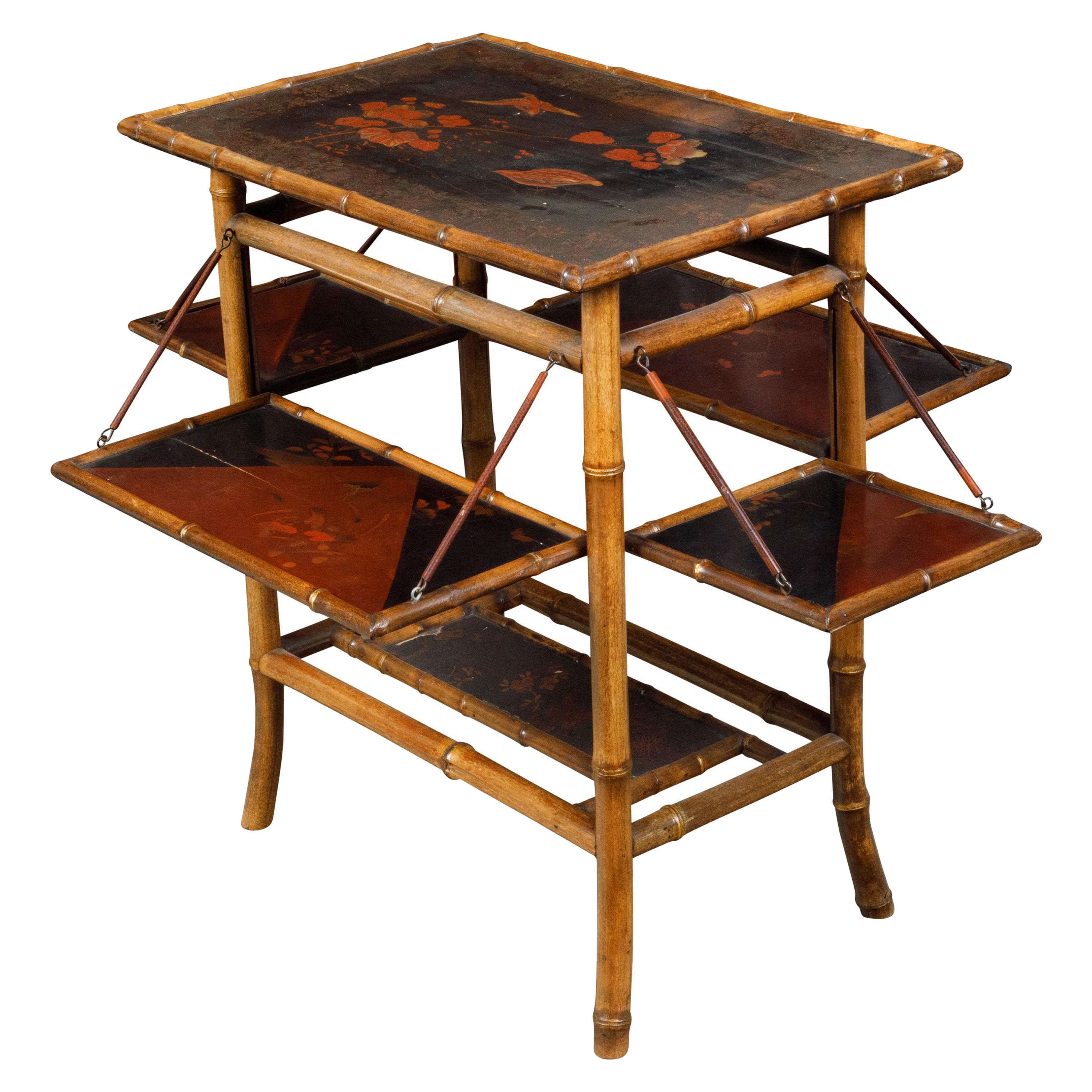 English 1900s Japonisme Side Table with Drop Leaves and Bamboo Structure