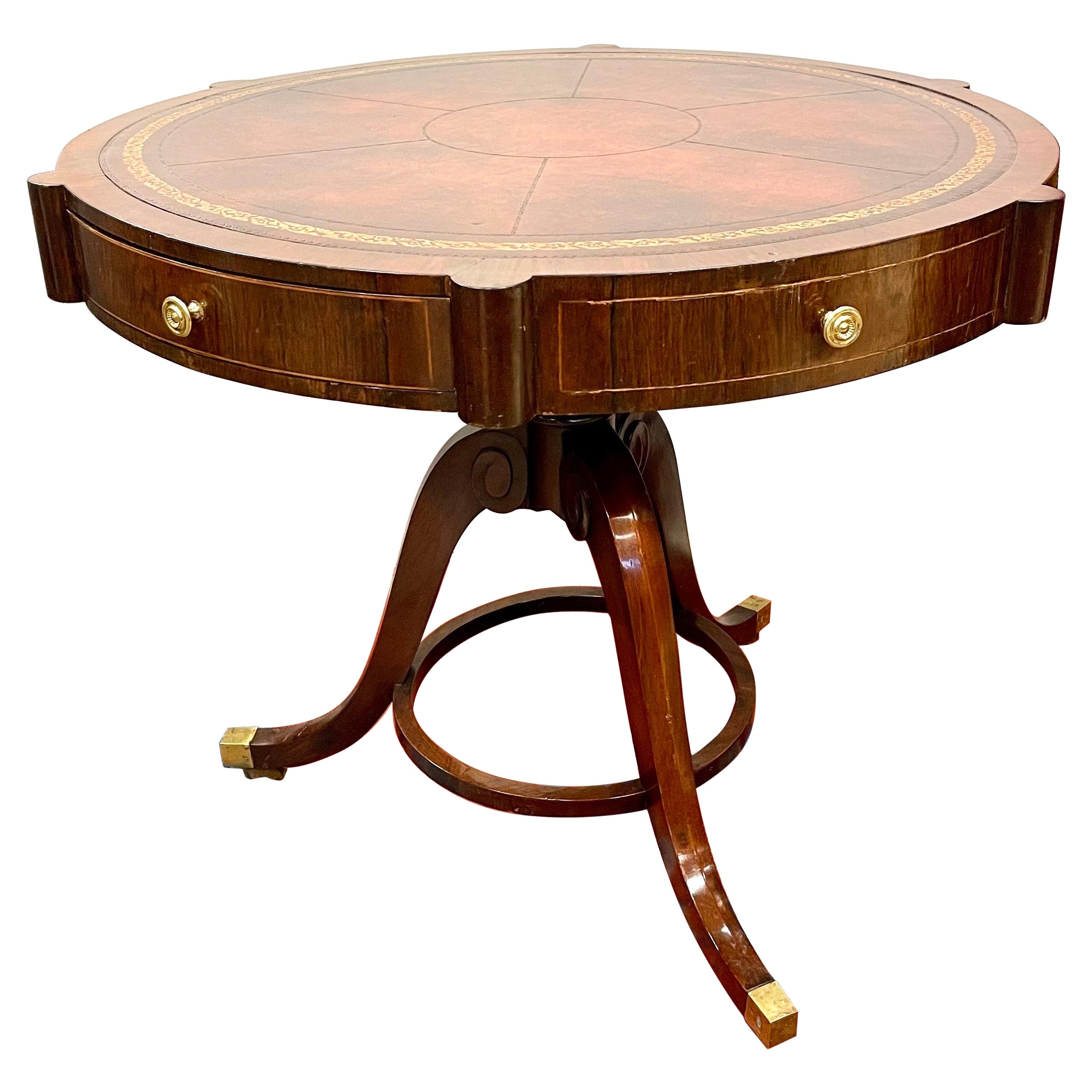 Regency Mahogany Drum Table with Leather Top on Caster Wheels
