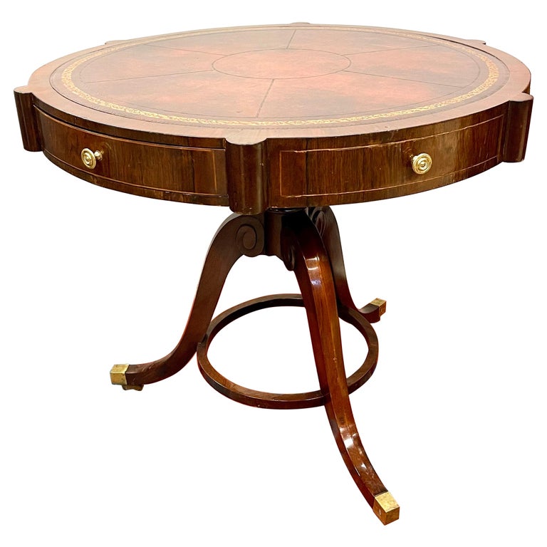 Regency Mahogany Drum Table with Leather Top on Caster Wheels at 1stDibs