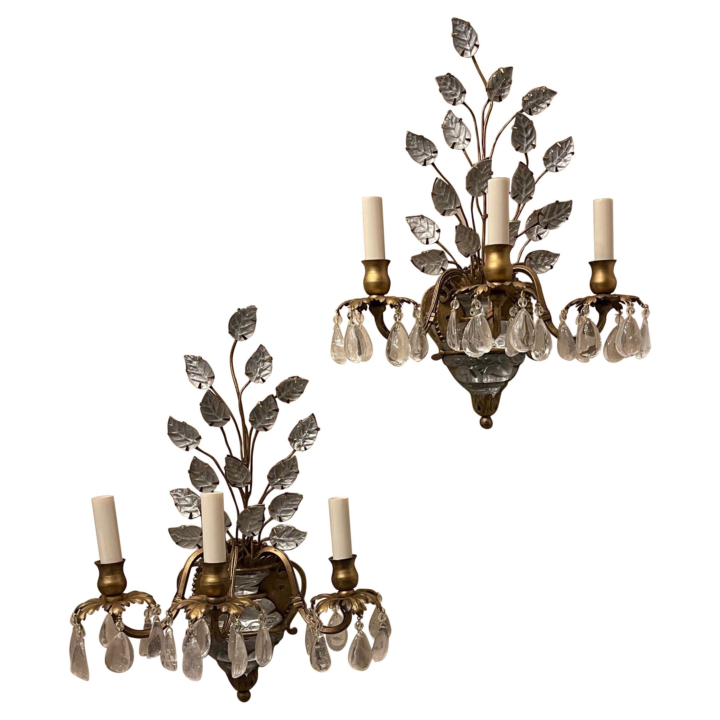 Wonderful Pair French Gold Gilt Rock Crystal Urn Leaf Bouquet Baguès Sconces For Sale