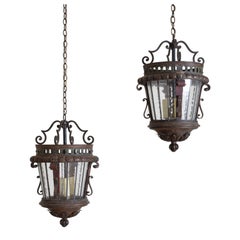 Pair of Continental Iron Lanterns with Leaded Glass Panels, ca. 1900