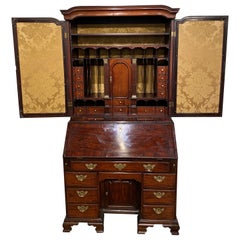 English Mahogany Two-Part Mirrored Secretary with Elaborate Upper Case c 1750-60