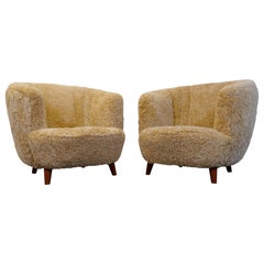 Art Deco Scandinavian Lounge Chairs in Honey Sheepskin Shearling, 1940s