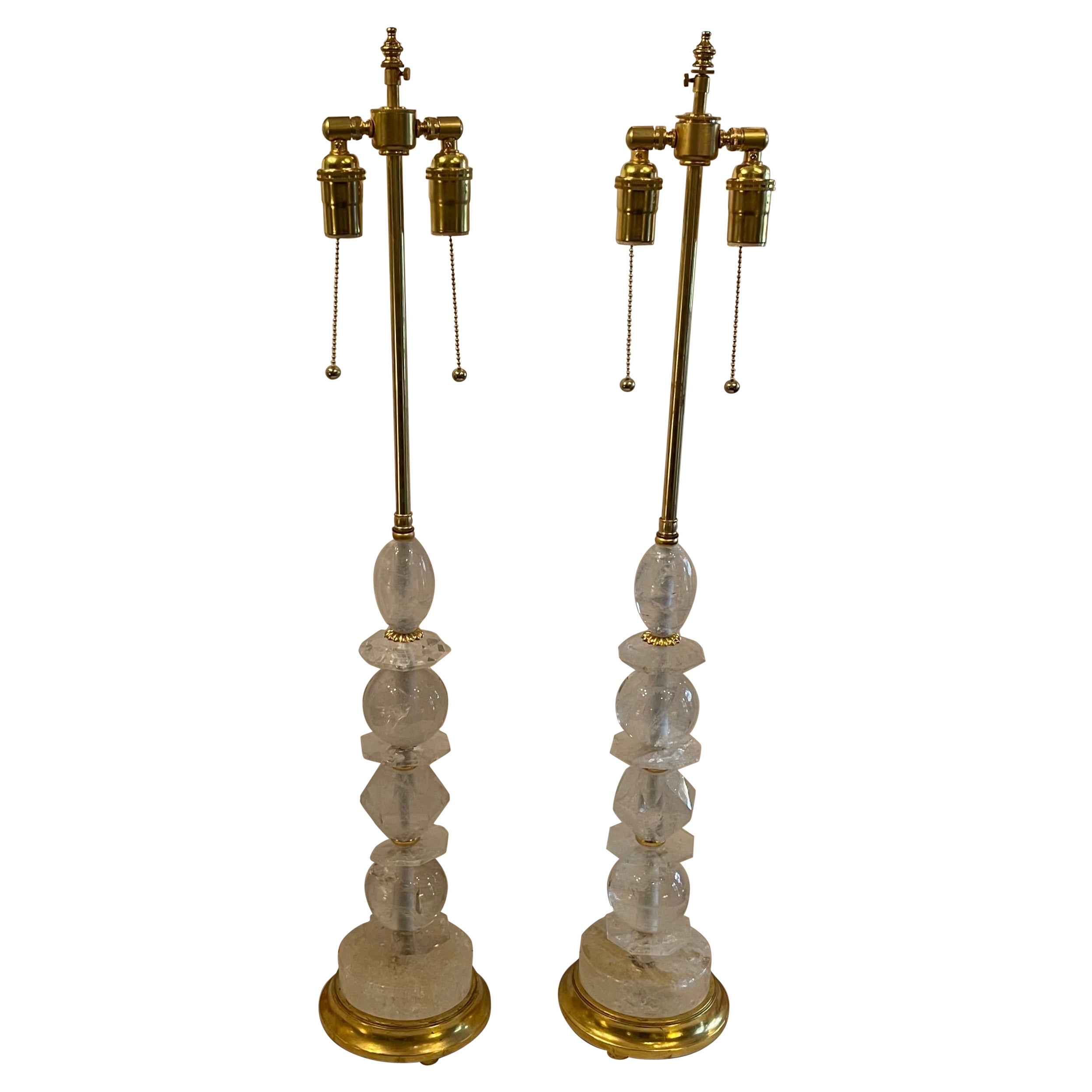 Mid-Century Modern Pair Large Rock Crystal Giltwood Rare Baguès Fine Table Lamps For Sale