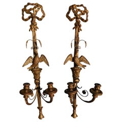 Pair of Italian Eagle and Ribbon Gilt Wood & Gesso Two Arm Wall Sconces, C 1850