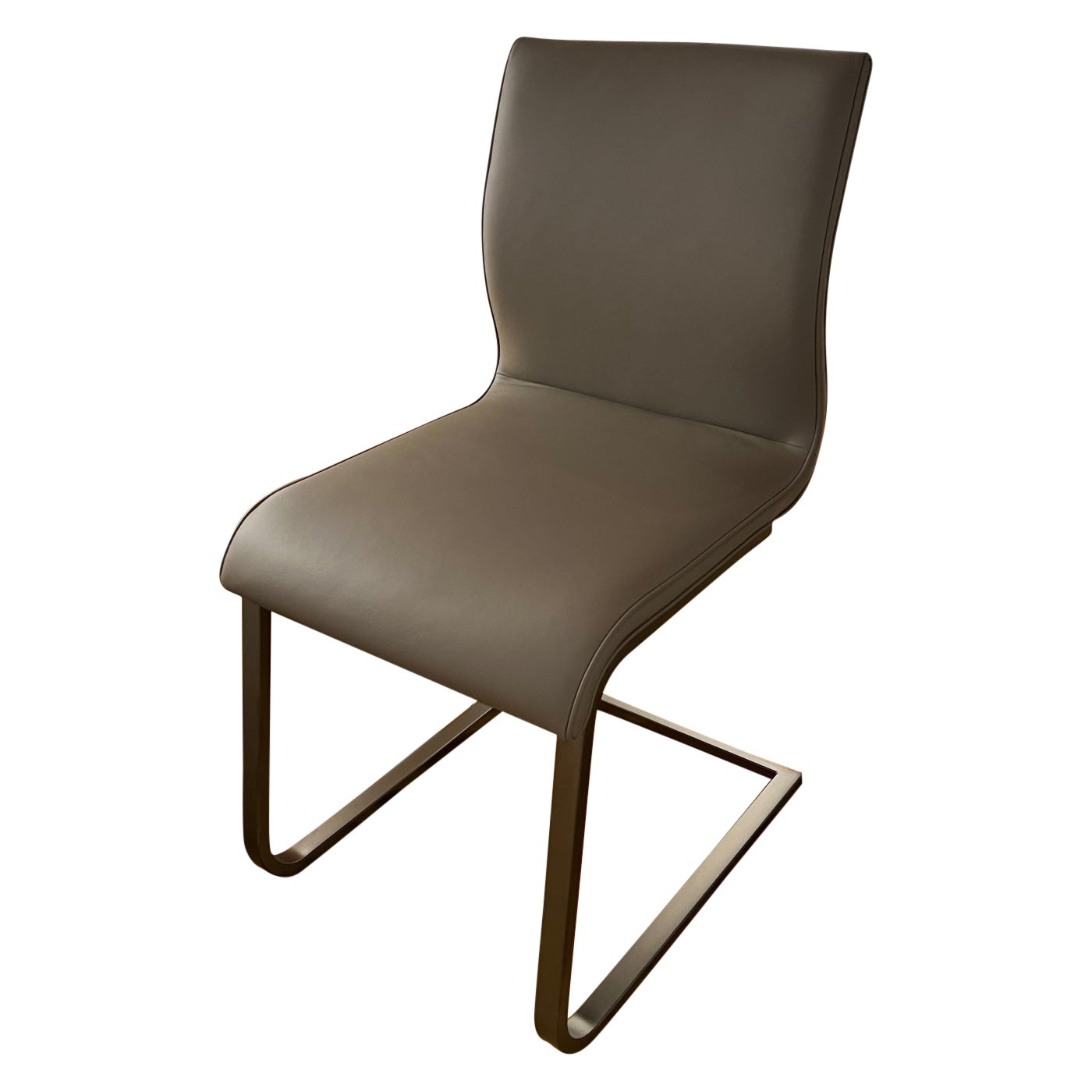 Set of 4 Taupe Leather Chairs with Bronze Cantilever Frame For Sale
