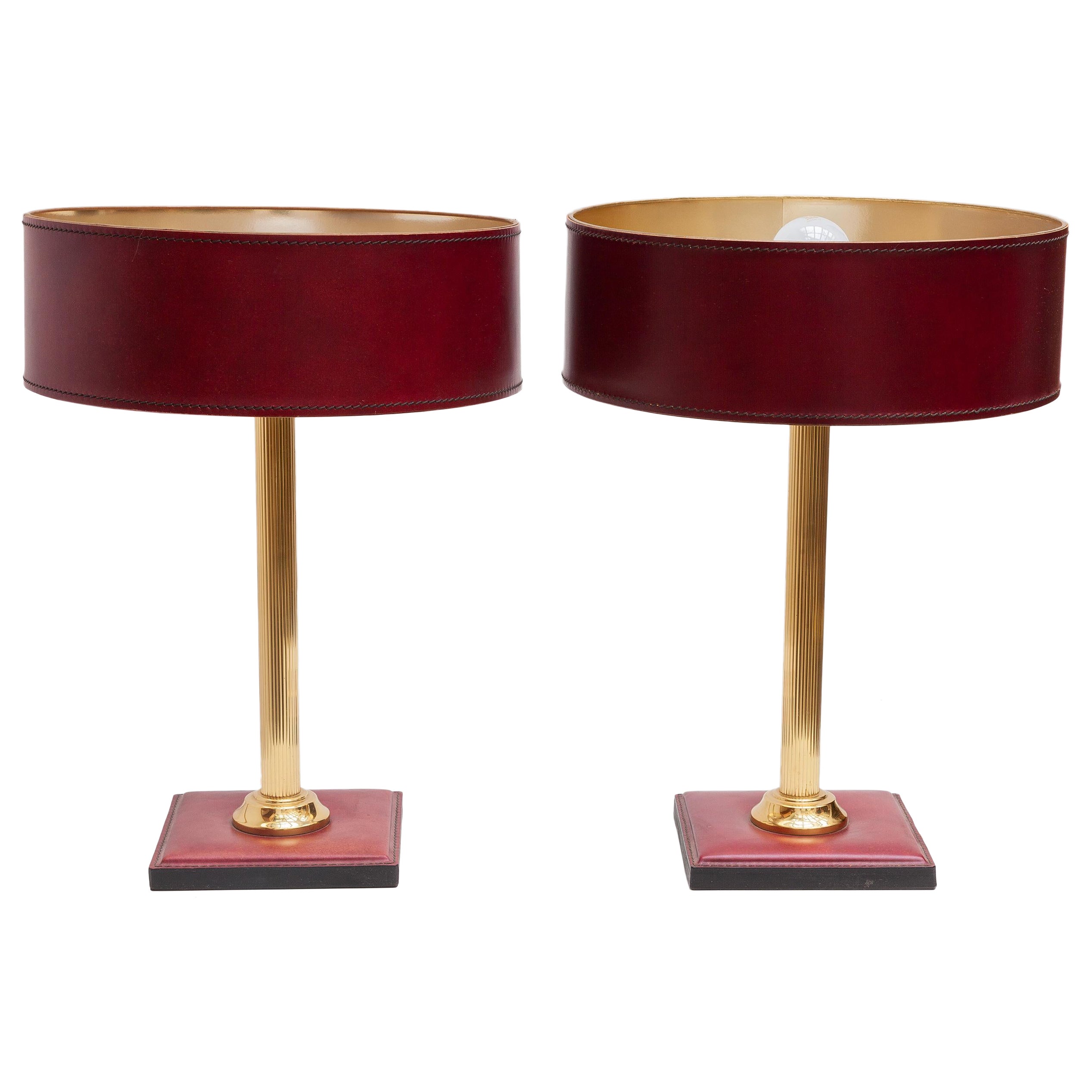 Set of Two Red Leather Attributed to Jacques Adnet Clad Table Lamps, France 1960