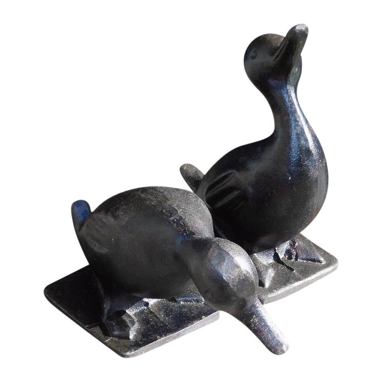 Pair of American Cast Iron Hand Painted Preening Ducks on Squared Base, C 1880 For Sale