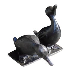 Antique Pair of American Cast Iron Hand Painted Preening Ducks on Squared Base, C 1880