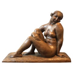Vintage 1930s Deco Carved Wood Sculpture of Nude Female Signed Colbert