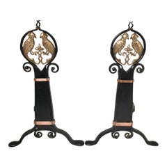 Pair of Hand Forged Iron and Brass Andirons