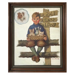Original Oil Painting Illustration of Boy with Kittens