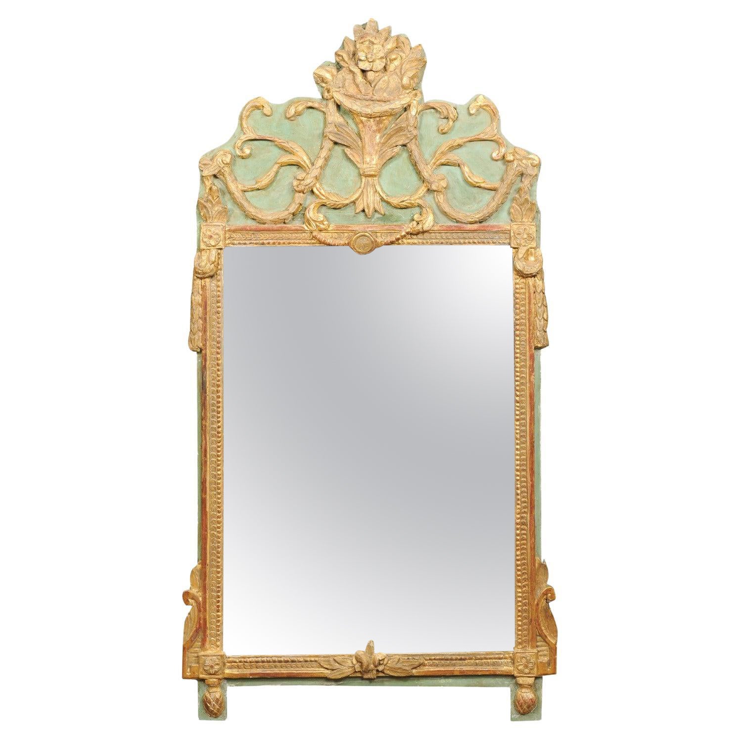 18th Century French Louis XVI Green Painted and Parcel Gilt Mirror For Sale