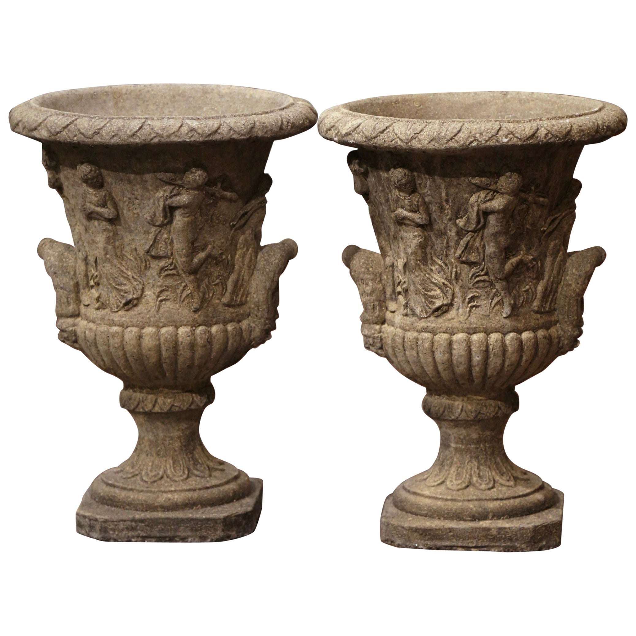 Pair of Mid-Century French Hand Carved Stone Campana-Form Outdoor Garden Urns