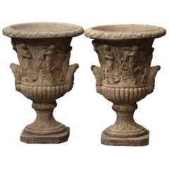Retro Pair of Mid-Century French Hand Carved Stone Campana-Form Outdoor Garden Urns