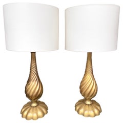 Pair of Gold Twisted Murano Glass Lamps, Italy, 1960s