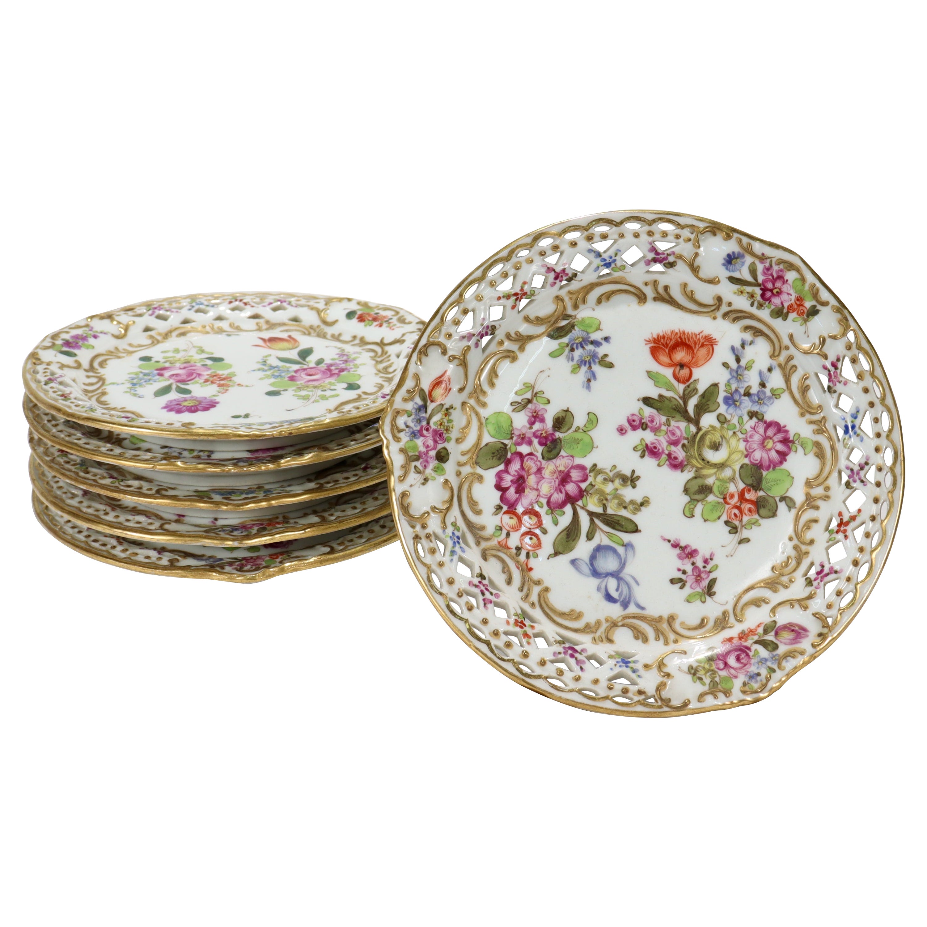 6 Antique French Bloch & Bourdois Reticulated Dresden Style Porcelain Plates For Sale