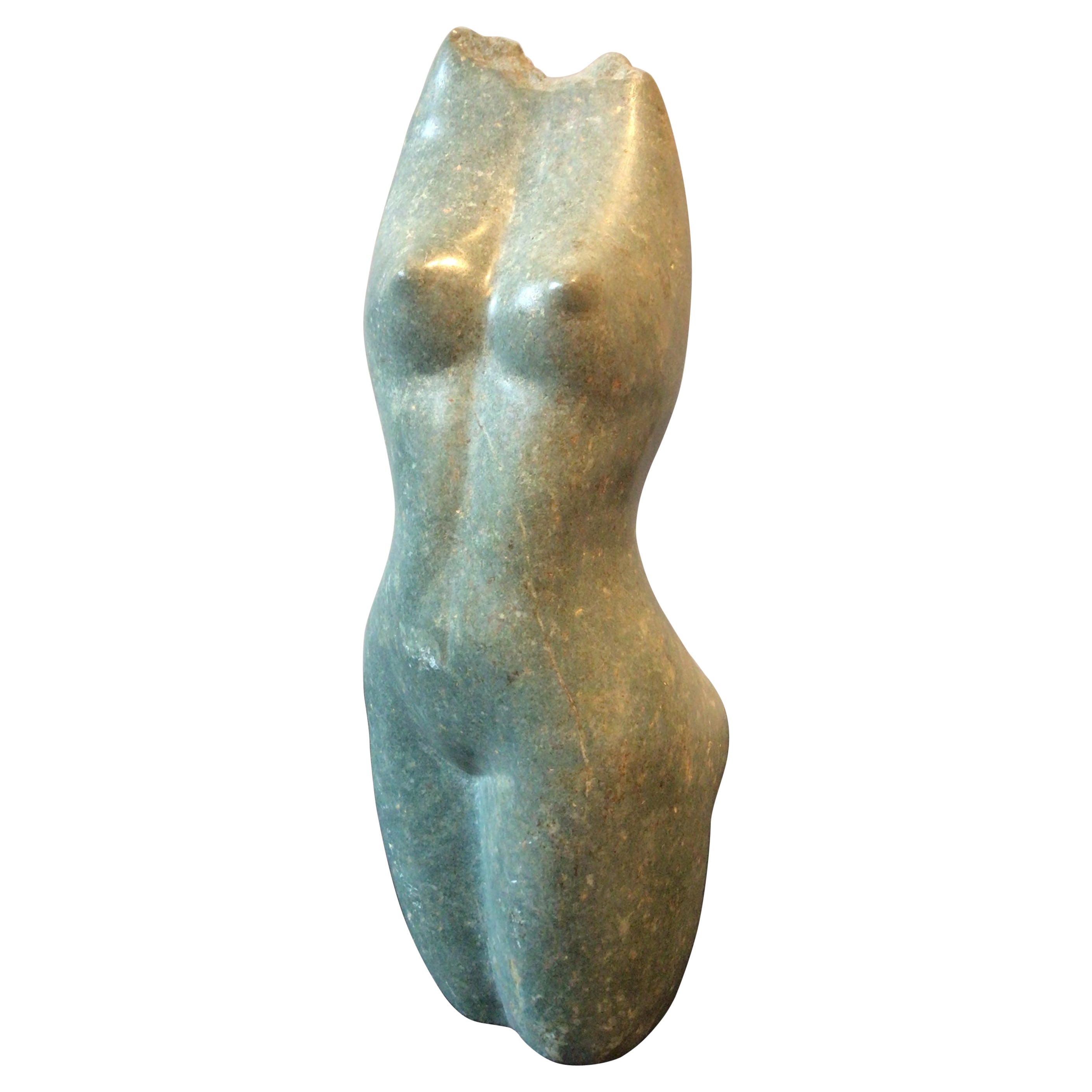 Geschnitzte Skulptur eines nackten weiblichen Torsos aus grünem Marmor von Celestino Mukavhi