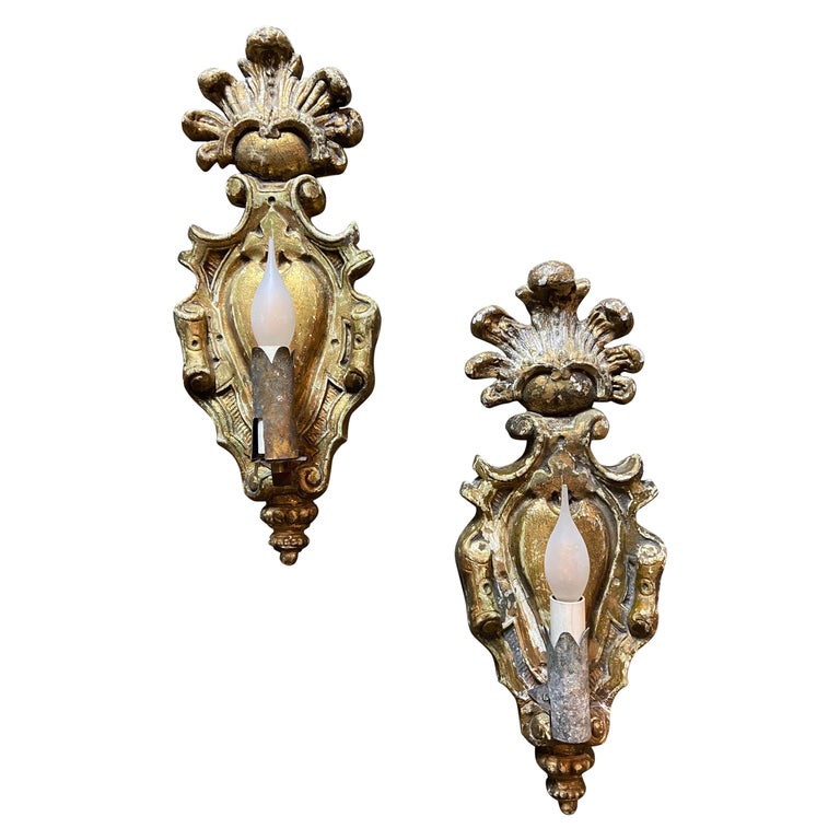 19th Century Pair of French Hand Carved Gilt Wood Sconces Baroque Style ...