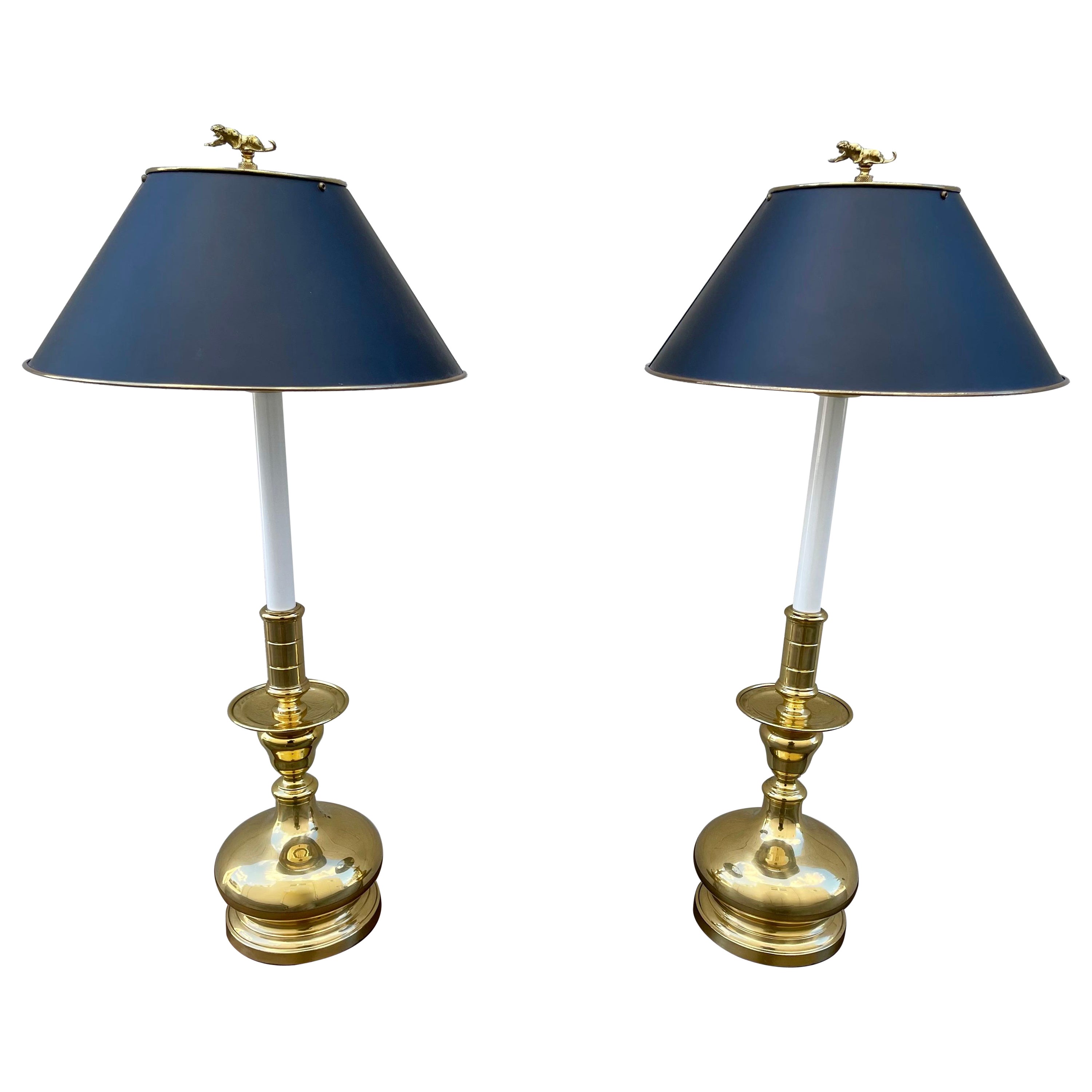 Pair of Heavy Brass Candlestick Lamps with Black Tole Shades For Sale