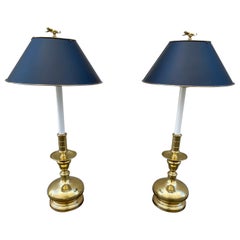 Pair of Heavy Brass Candlestick Lamps with Black Tole Shades