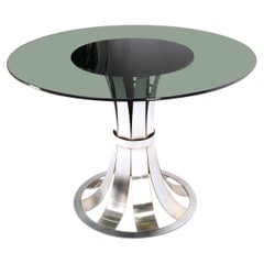 Russel Woodard Polished Aluminum Base Round Smoked Glass Top Dining Cafe Table 