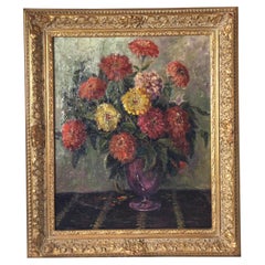 Antique Stunning Impressionist Painting of Zinnias in Giltwood Frame Oil on Canvas