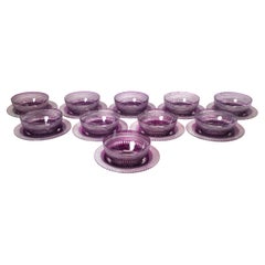 Set of Ten Val St. Lambert Amethyst Cut to Clear Finger Bowls with under Plate