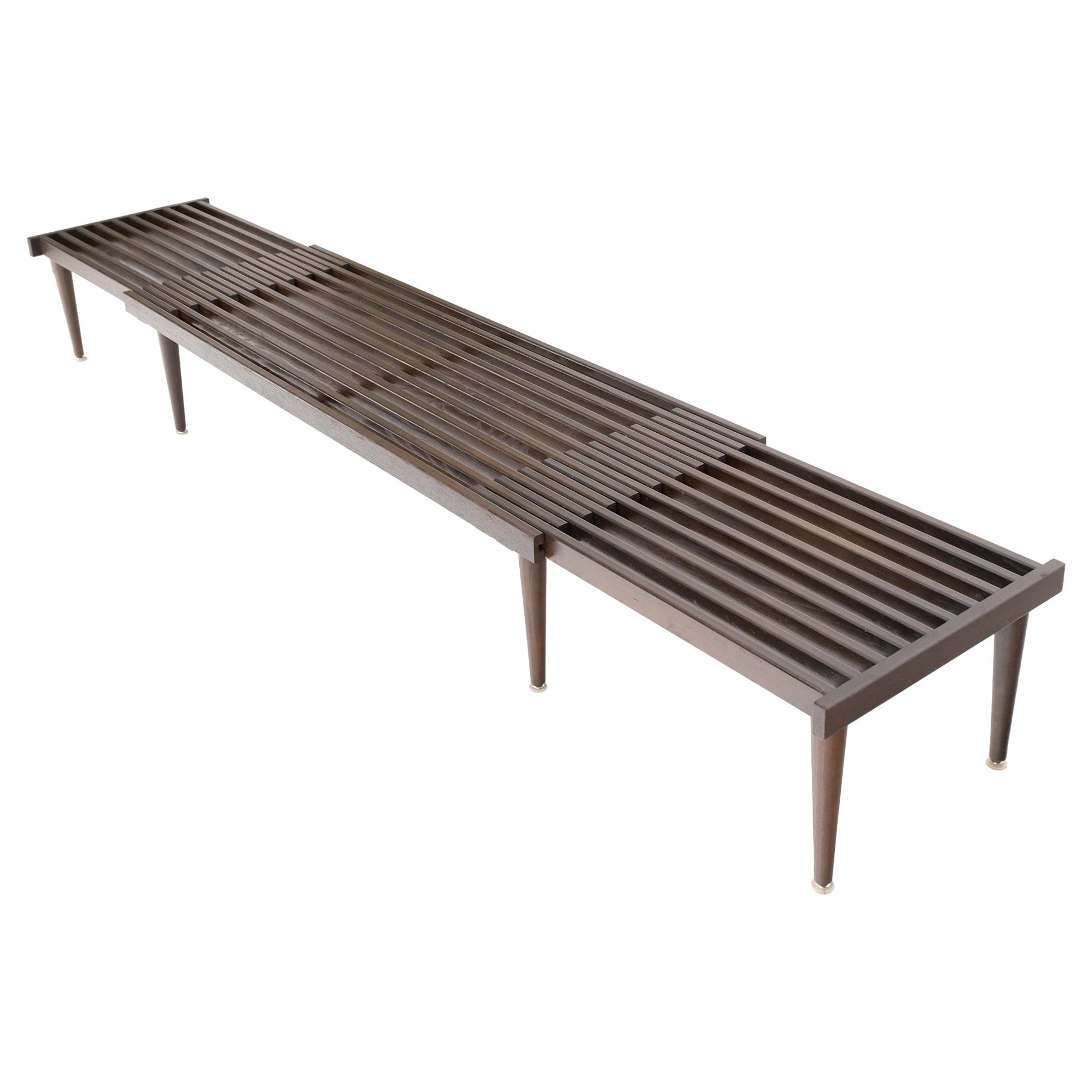Large Mid-Century Modern Extending Slat Bench on Tapered Dowel Cone Legs 