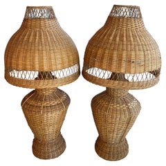 Vintage Oversized Pair of Wicker Pagoda Table Lamps & Shades Newly Wired
