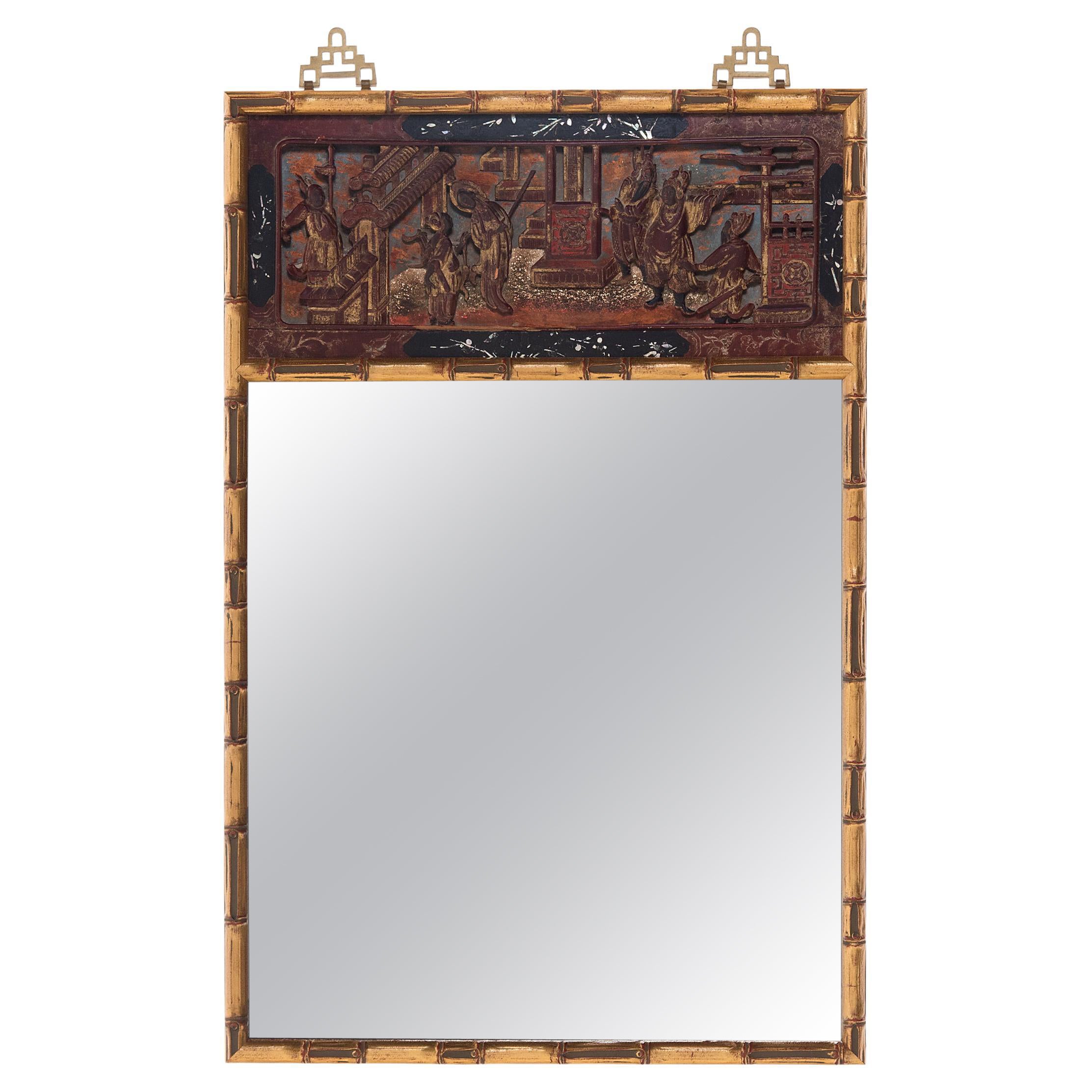 Faux-Bamboo Wall Mirror with Chinese Carved Panel
