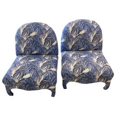 Vintage Pair Slipper Chairs Upholstered Blue & White Palm Leaf Ming Scalloped