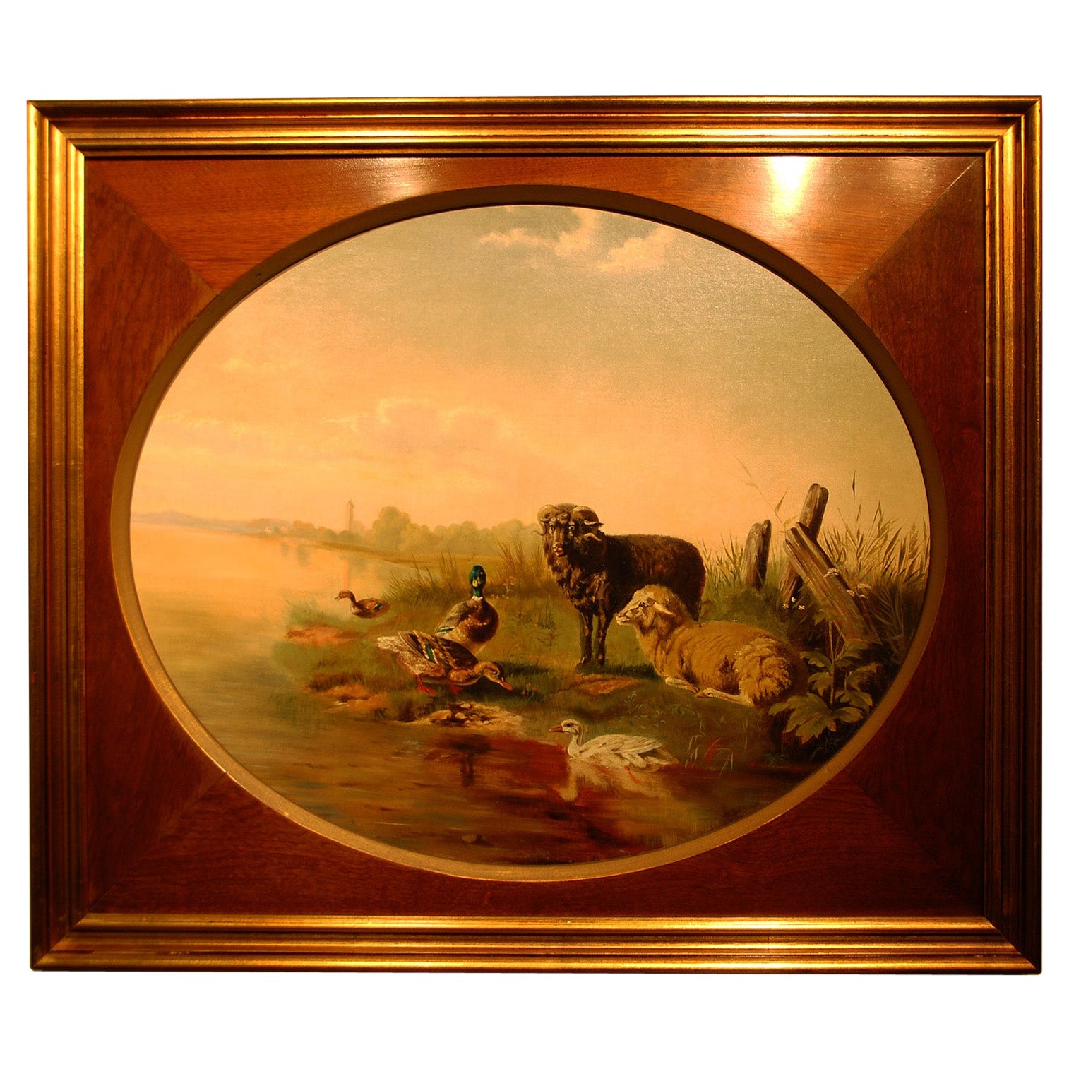 Huile sur toile originale du XIXe siècle anglaise ou néerlandaise « At the Water's Edge » (Au bord de l'eau)