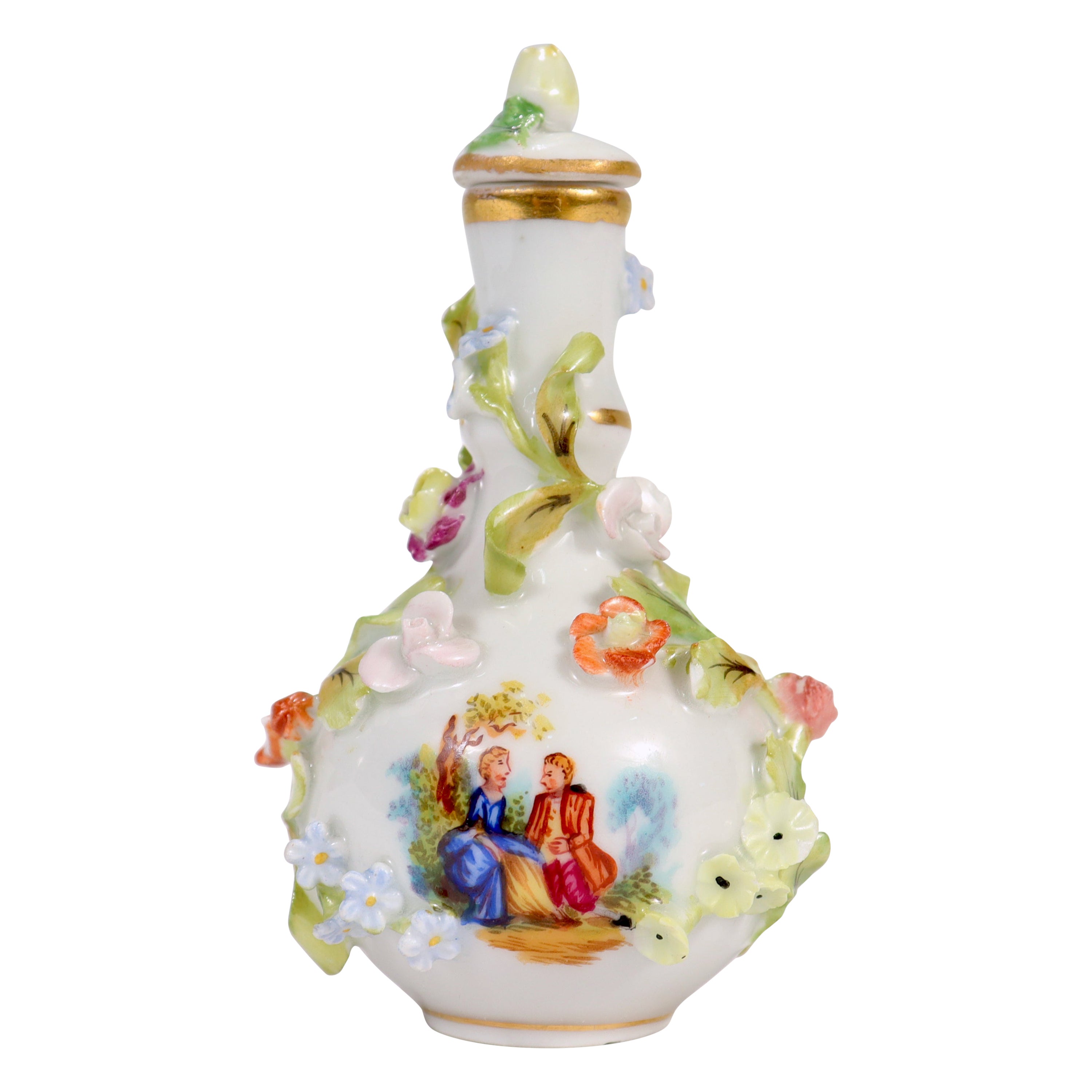 Antike Dresden Potschappel Porcelain Miniatur Blume inkrustiert Parfümflasche im Angebot