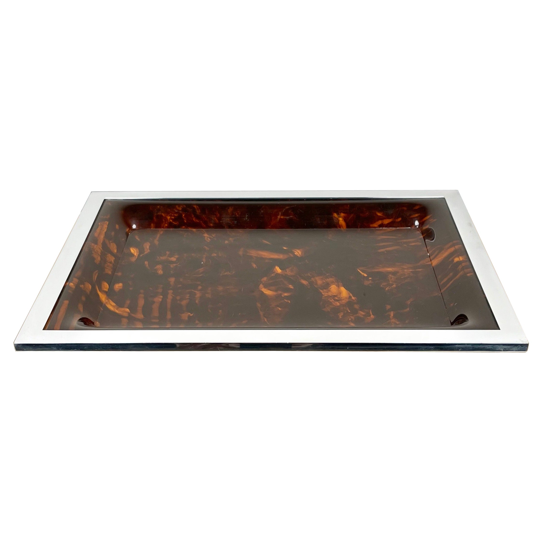 Serving Tray Lucite Tortoiseshell & Chrome Christian Dior Style, Italy, 1970s For Sale