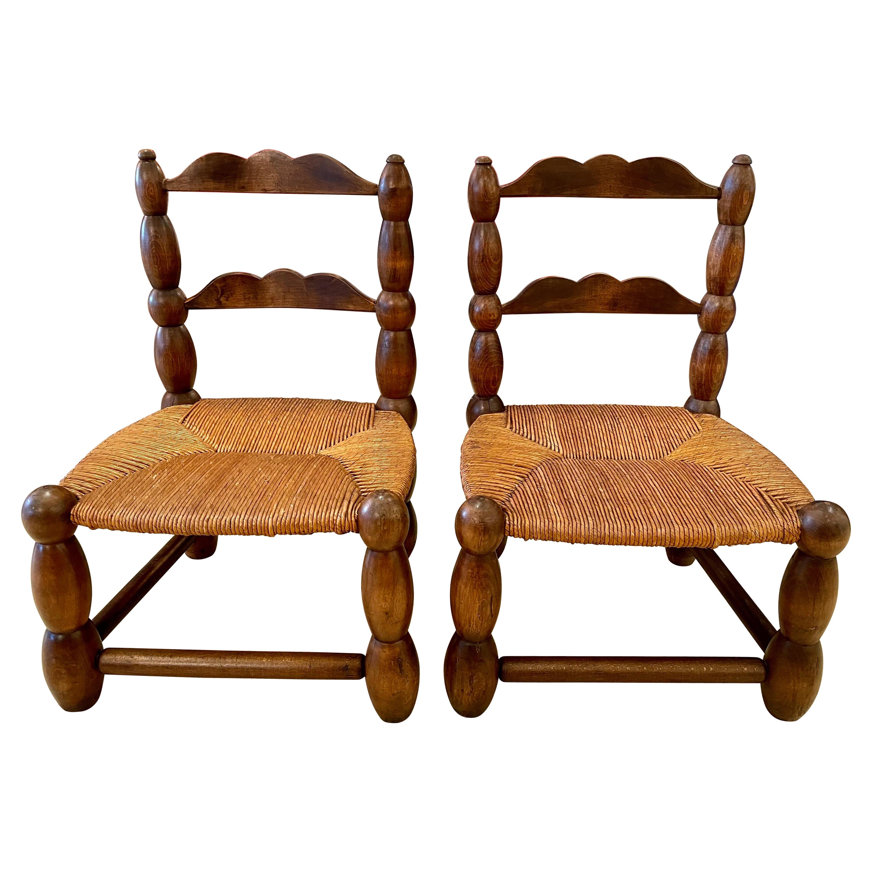 Low Turned Wood Fireside Chairs by Charles Dudouyt, France, 1940's