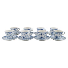 Eight Royal Copenhagen Blue Fluted Half Lace Coffee Cups with Saucers