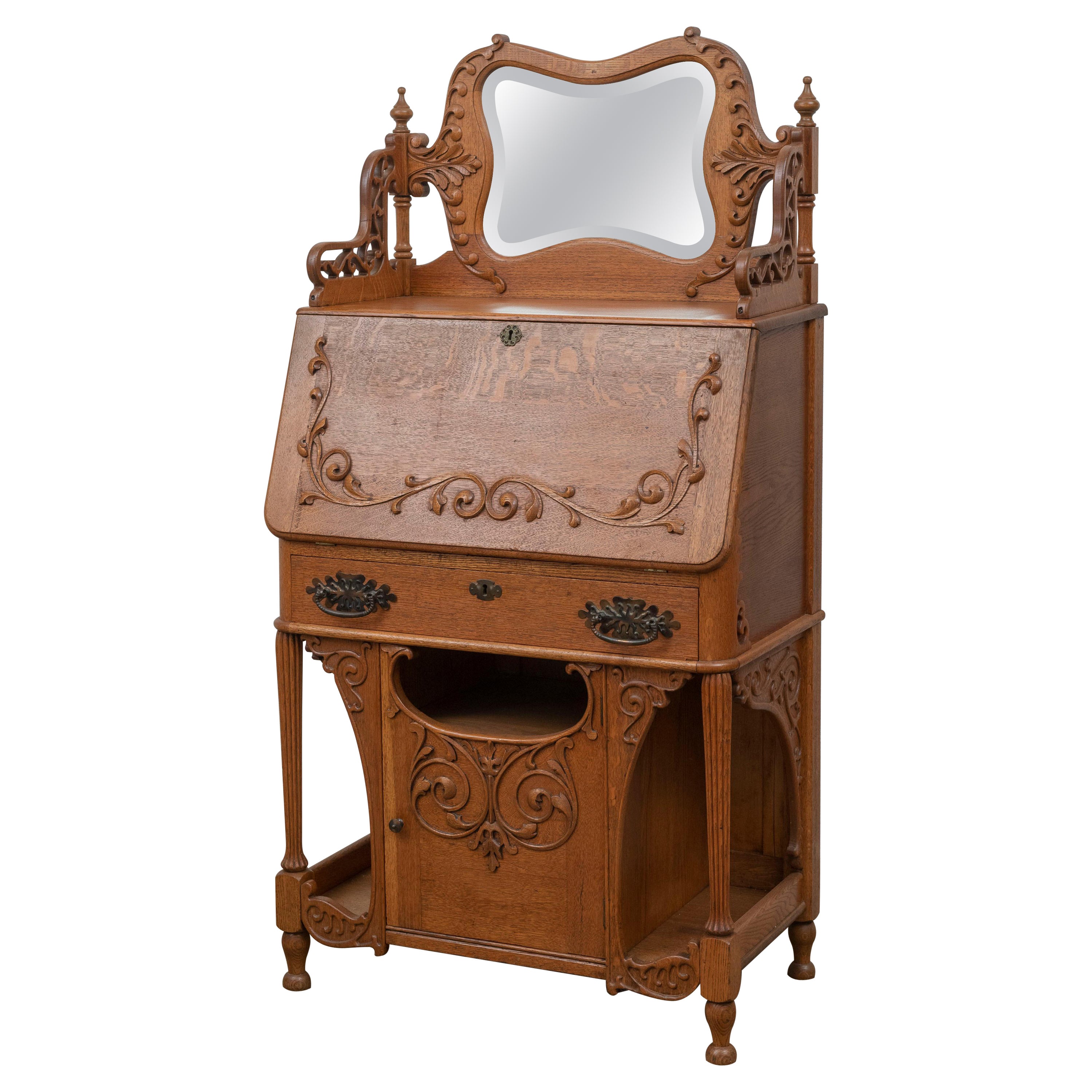 Golden Oak Secretary / Desk, Carvings, Mirror, Drawer, American, ca. 1900