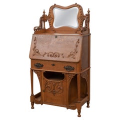 Antique Golden Oak Secretary / Desk, Carvings, Mirror, Drawer, American, ca. 1900