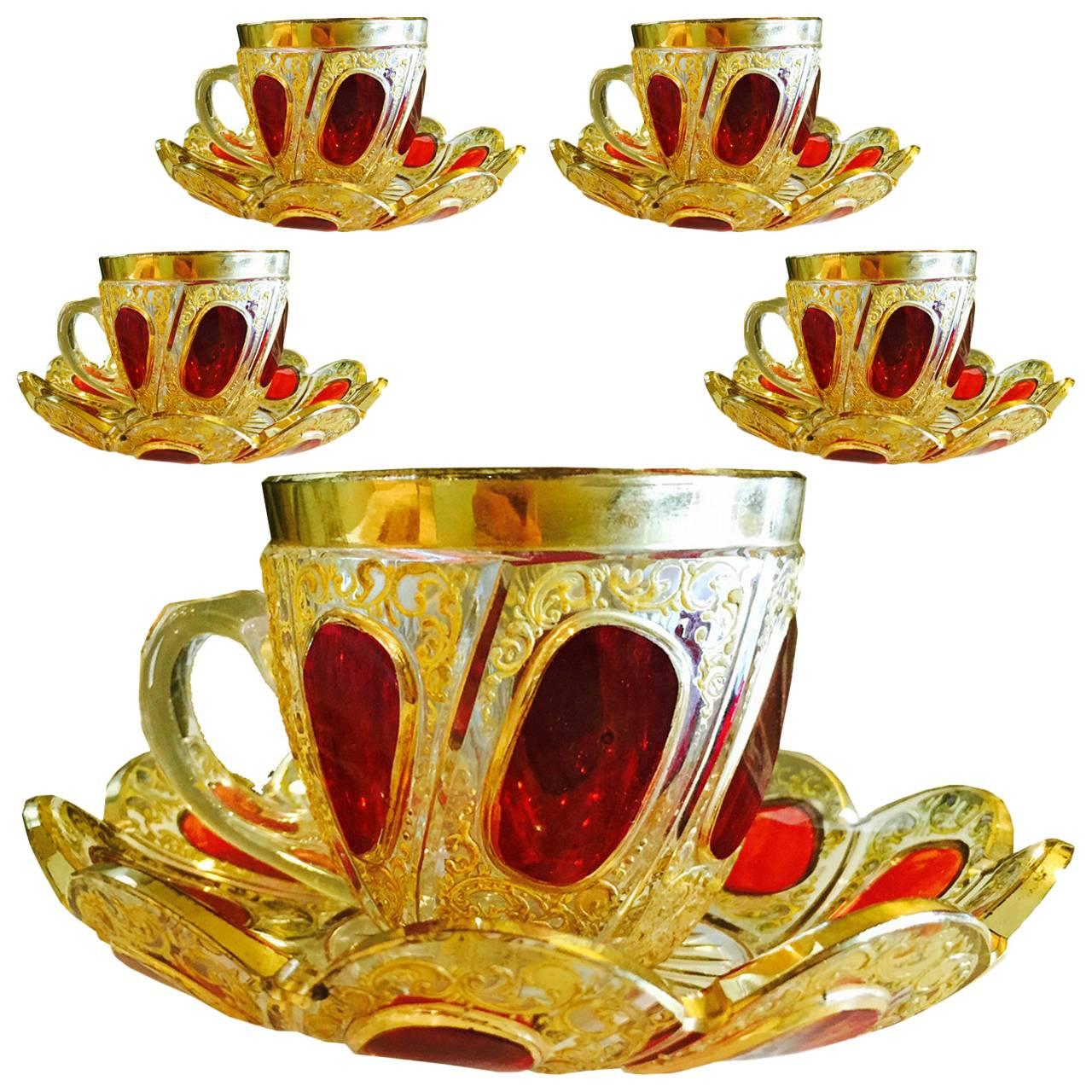  Five Exceptional Moser Glass Cups and Saucers Two Colors circa 1900