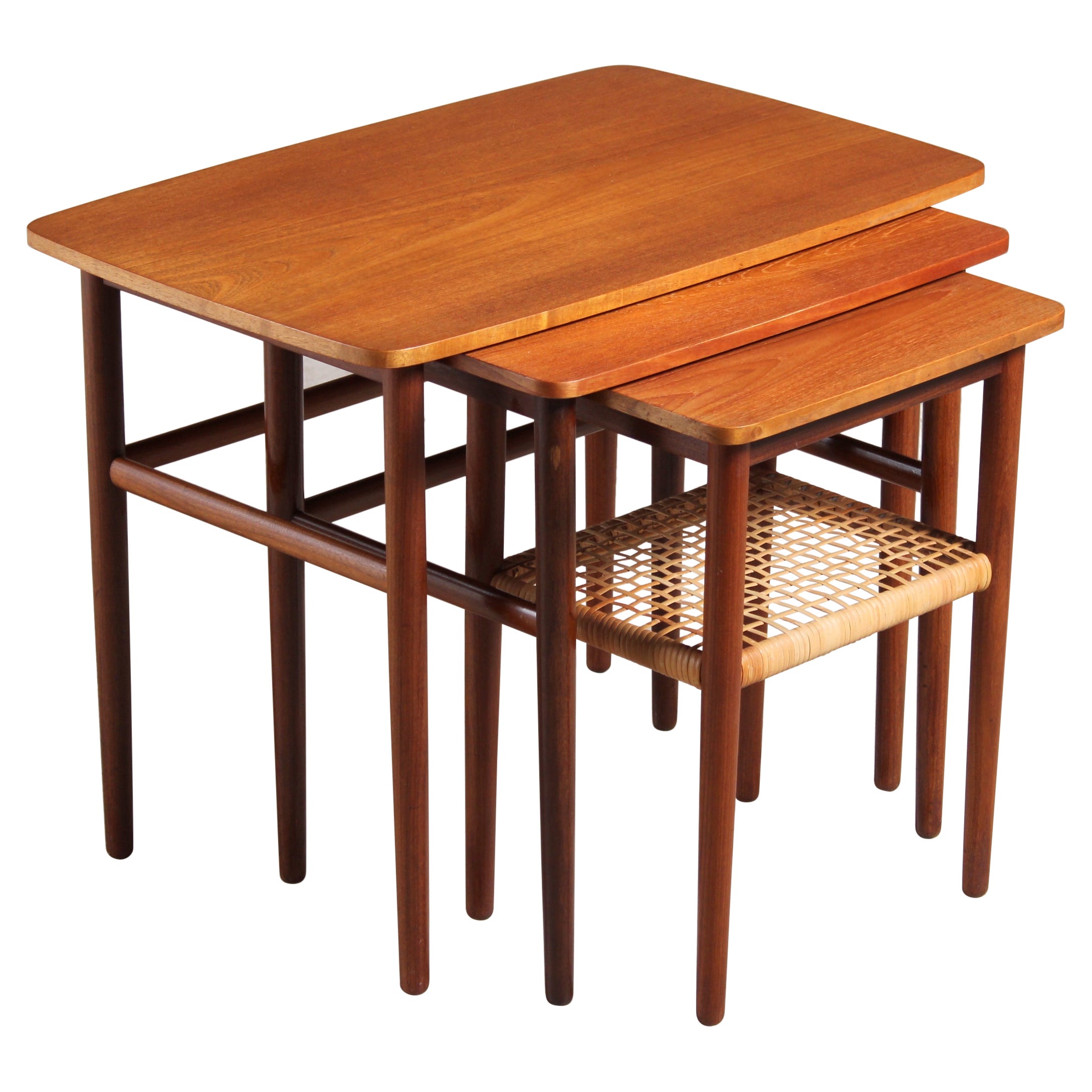 Danish Mid Century Teak Nest of Tables with Rattan Magazine Shelf
