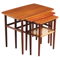 Vintage Danish Mid Century Teak Nest of Tables with Rattan Magazine Shelf