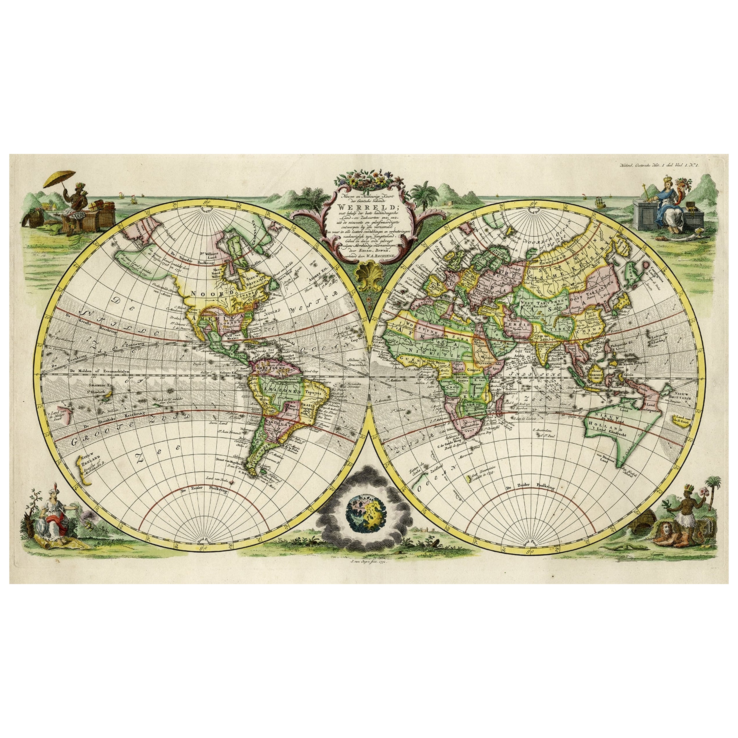 Rare carte originale du monde  double hmisphre avec figures allgoriques, 1785