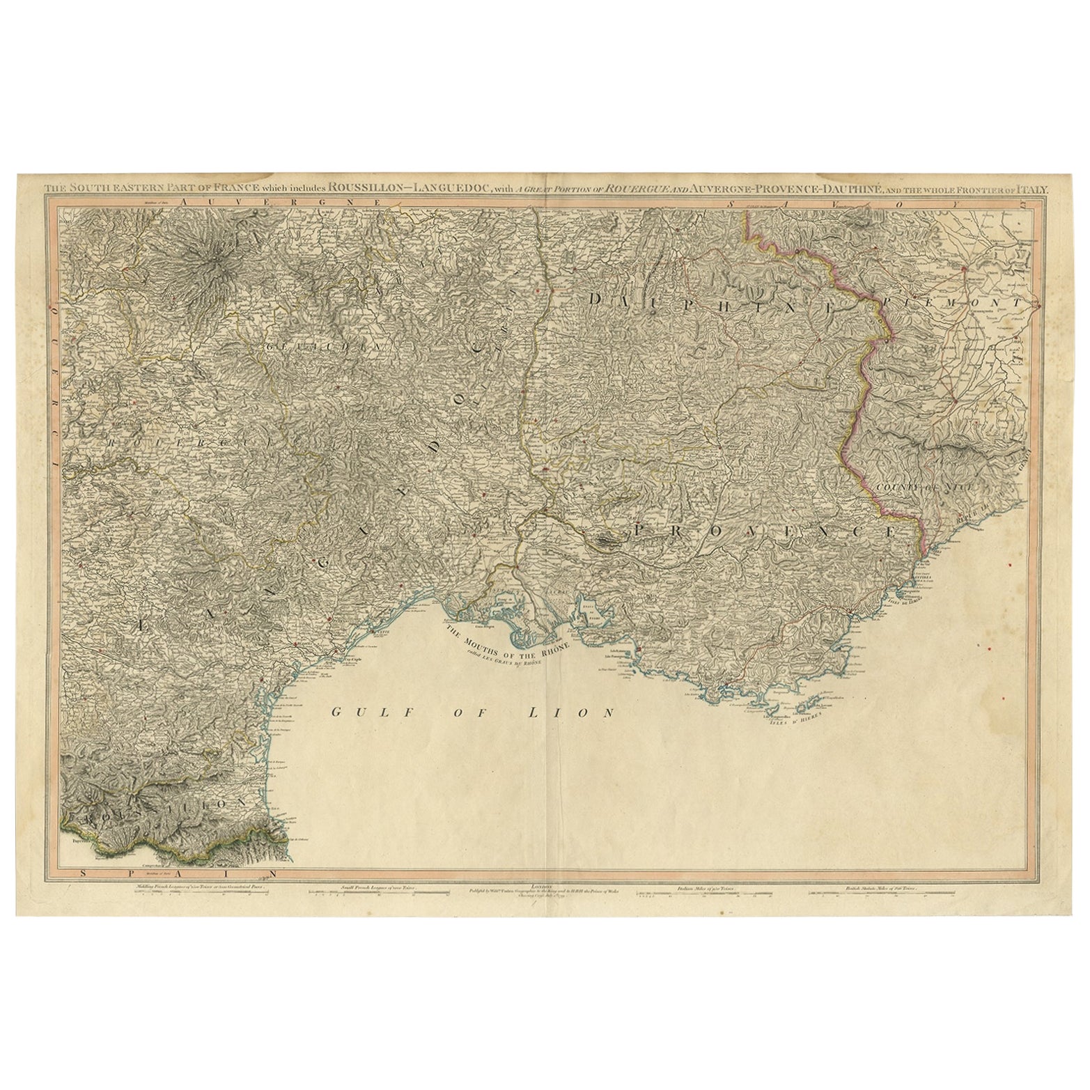 Striking Large Format Antique Map of Southeastern France, 1799