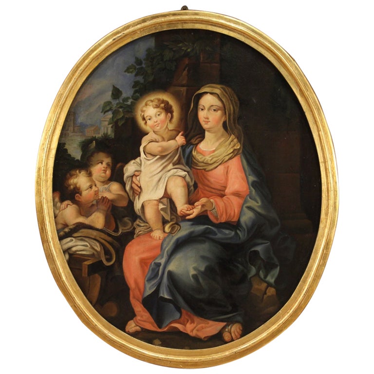 19th Century Oil on Canvas Italian Oval Religious Painting Madonna with ...