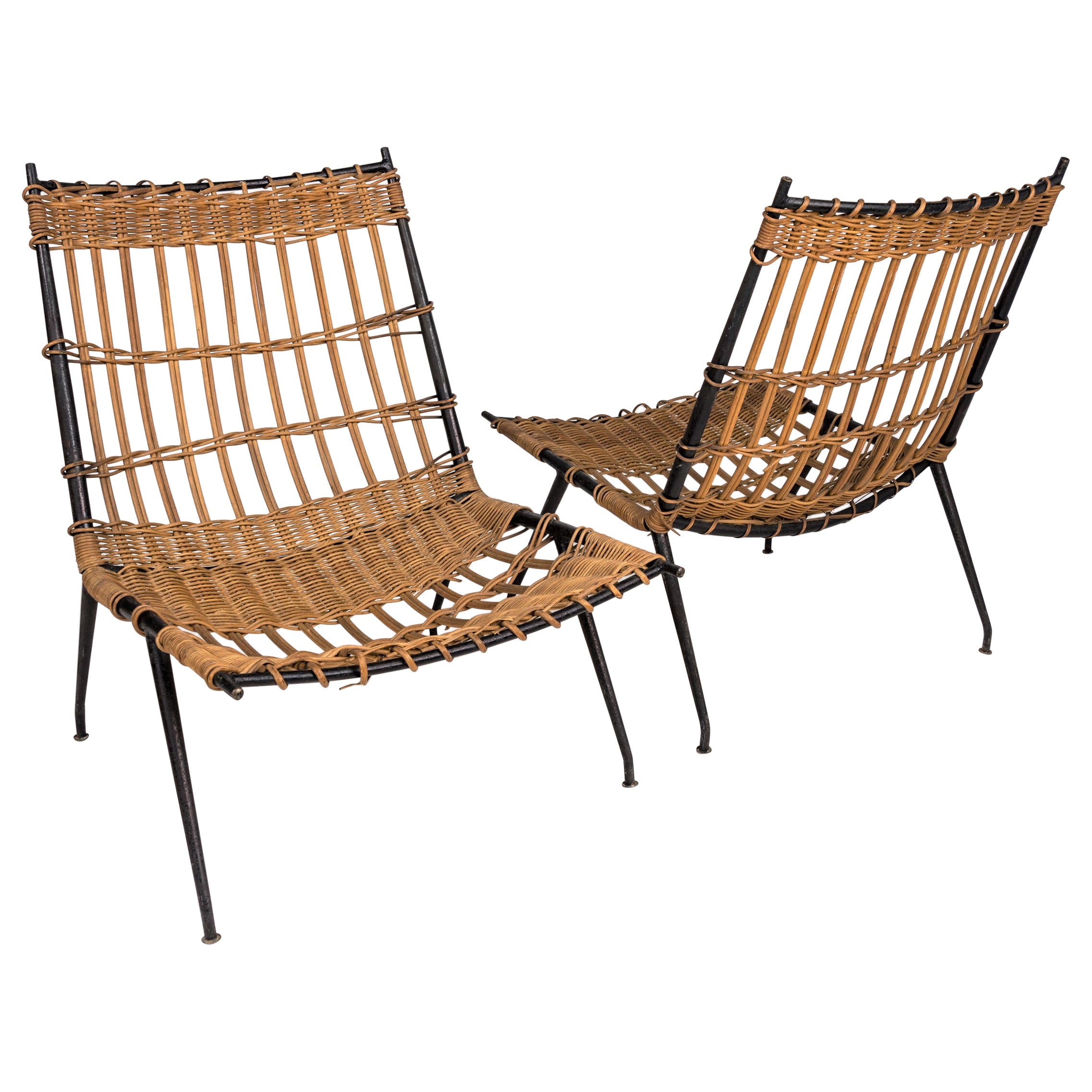 Pair of Rattan & Lacquered Iron Chairs by Raoul Guys, France 1950's