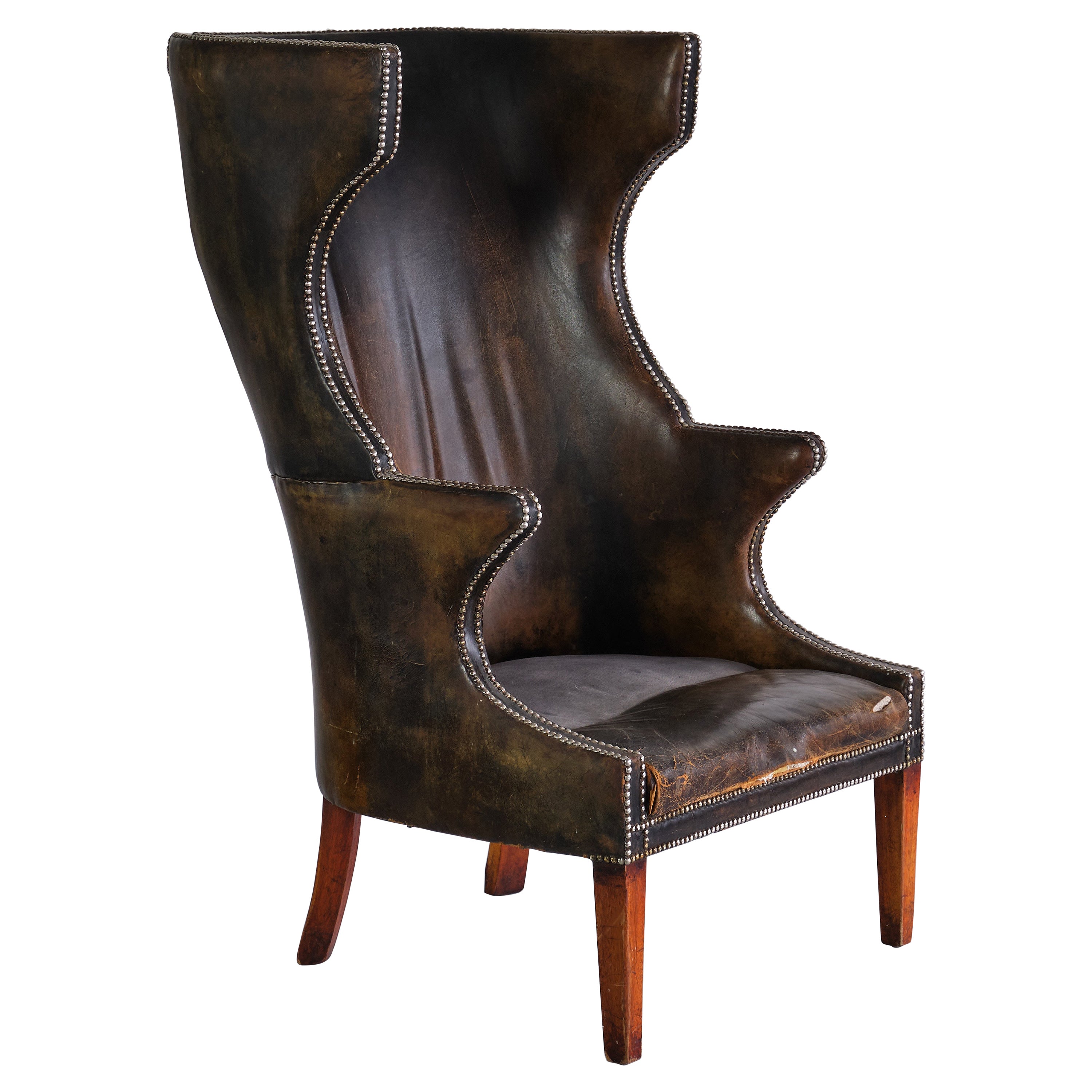Exceptional Danish Cabinetmaker Wingback Chair in Leather and Beech, 1930s